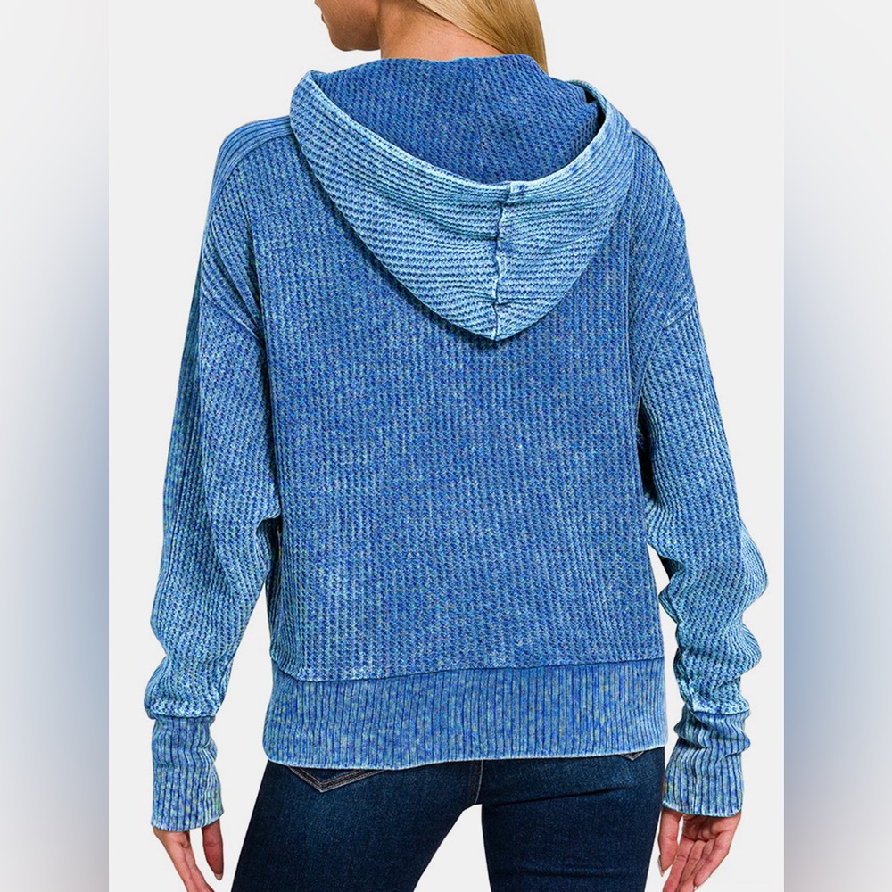 NWT Zenana Ocean Blue Acid Wash Zip Up Waffle Knit Hooded Jacket - Picture 3 of 4
